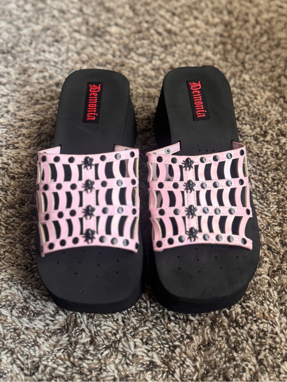 Demonia Black and Pink Platform Slide Sandals